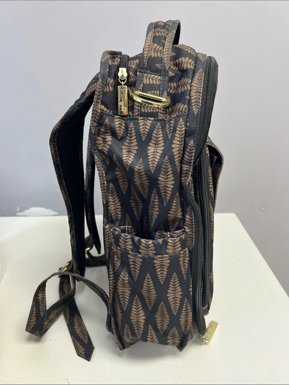 JuJuBe Patterned Diaper Backpack - Black & Gold Leaf Print